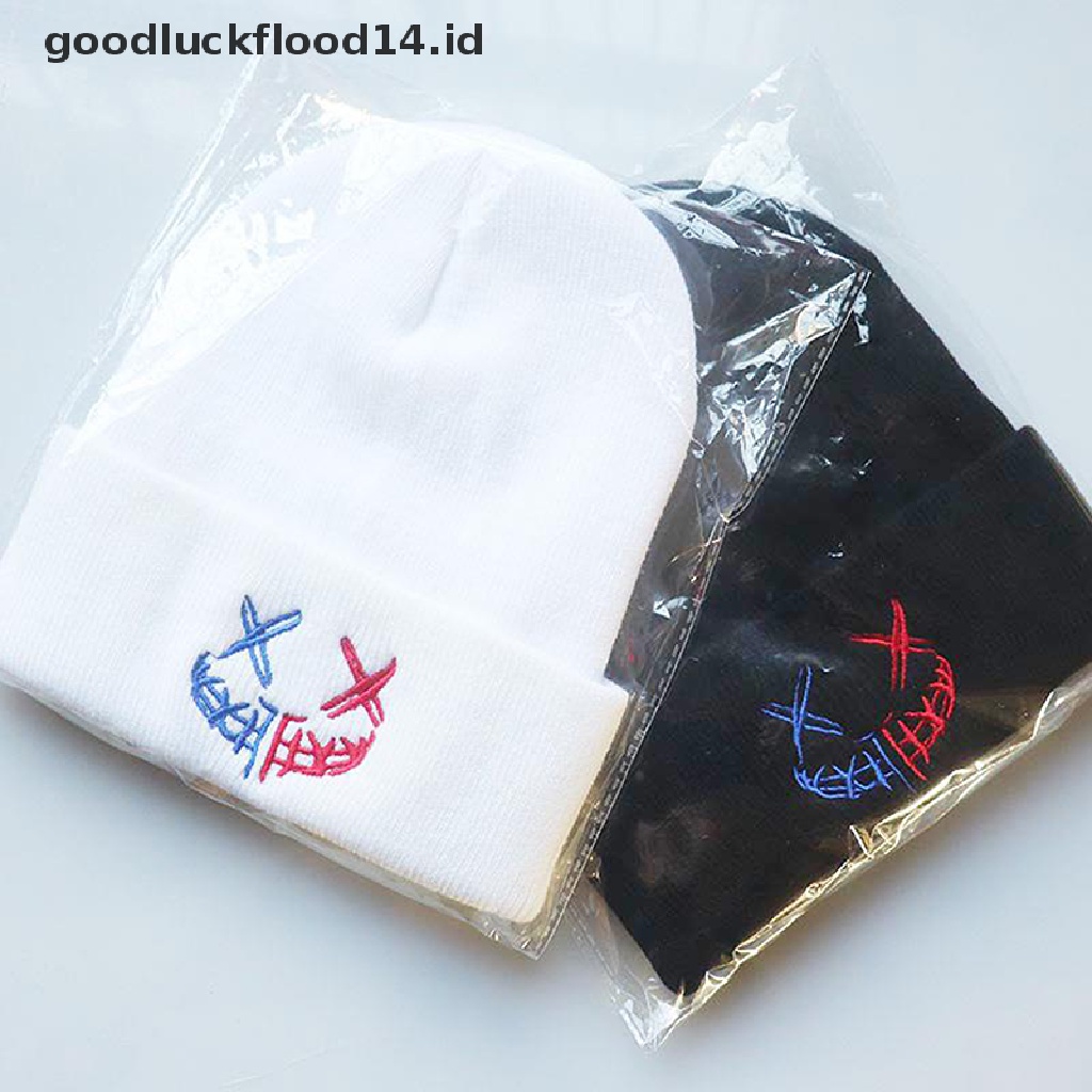 Topi Beanie Rajut Motif Bordir Smiley Face Gaya Hip Hop Untuk Pria Dan Wanita