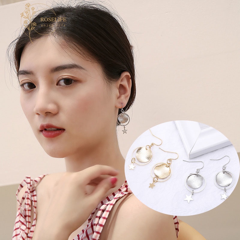 Roselife Vintage Star Round Pendant Drop Earrings for Women Jewelry Accessories 1 Pair