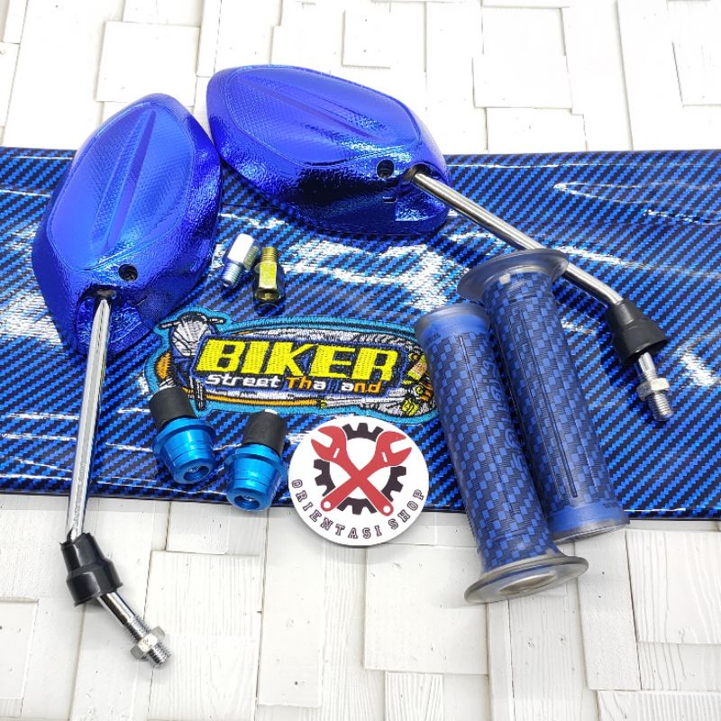Spion beat biru tangkai panjang+handgrip Carbon+kulit jok biker+Jalu stang universal motor Honda
