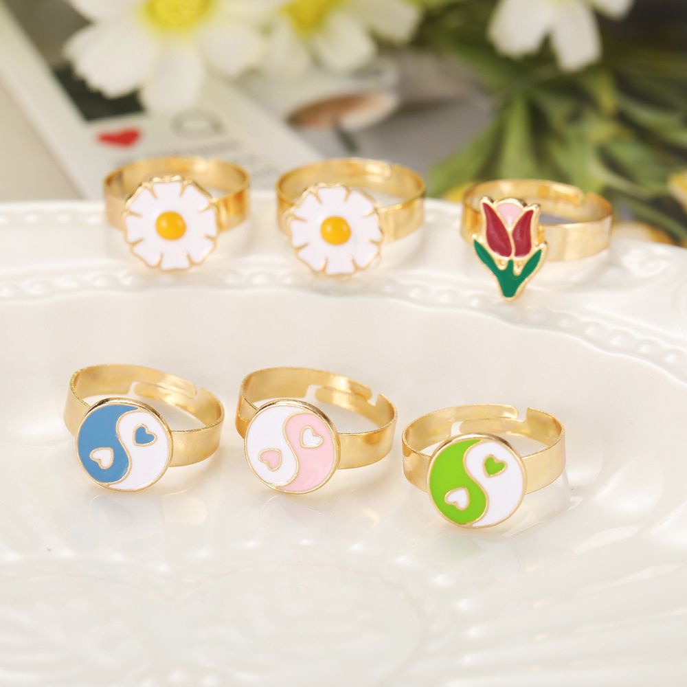 Needway  Sweet Finger Rings Geometric Fashion Jewelry Alloy Open Rings Heart Women Cute Tulip Korean Daisy Enamel