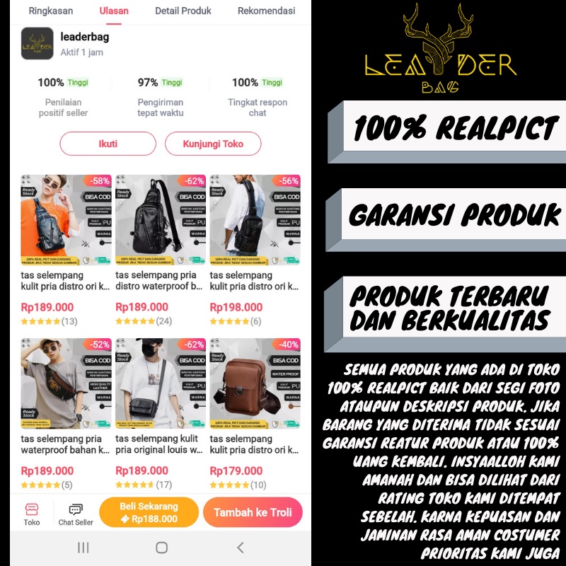 Tas Selempang Kerja Kulit Pria Import Original Model Terbaru Warna Coklat Waterproof | Tas Kecil Slingbag Messenger Kulit Cowok Ori Distro Keren Anti Air Murah Berkualitas 2022 PAULSKY B64