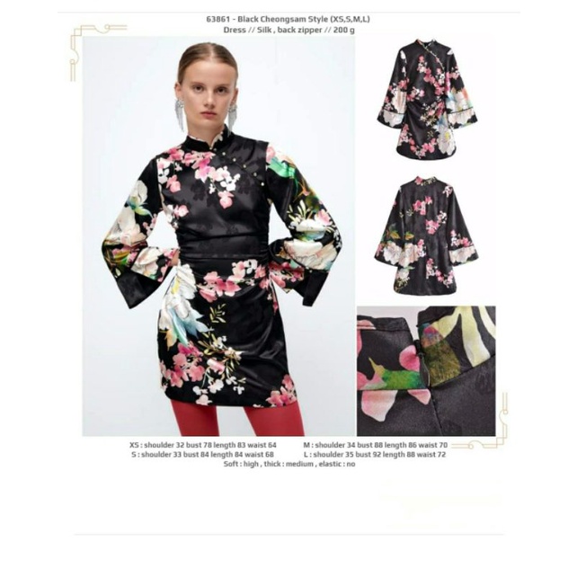 Dress silky hitam motif bunga cheongsam lengan panjang