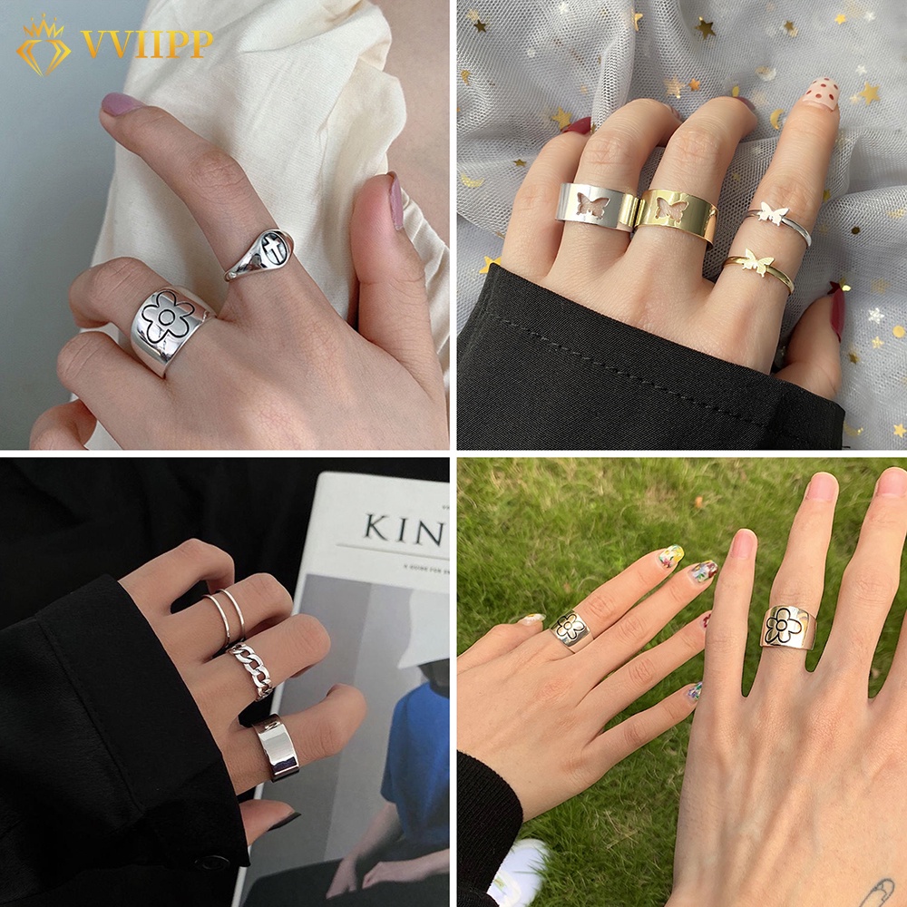 Set Cincin Desain Bunga Butterfly Bulan Bintang Warna Emas Silver Gaya Korea Untuk Wanita