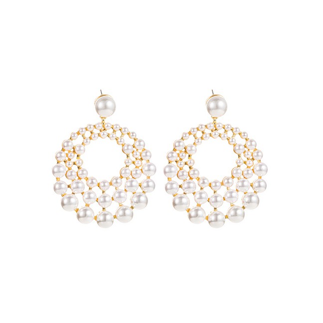 LRC Anting Tusuk Fashion Multi-layer Round Alloy Earrings With Pearls D86936