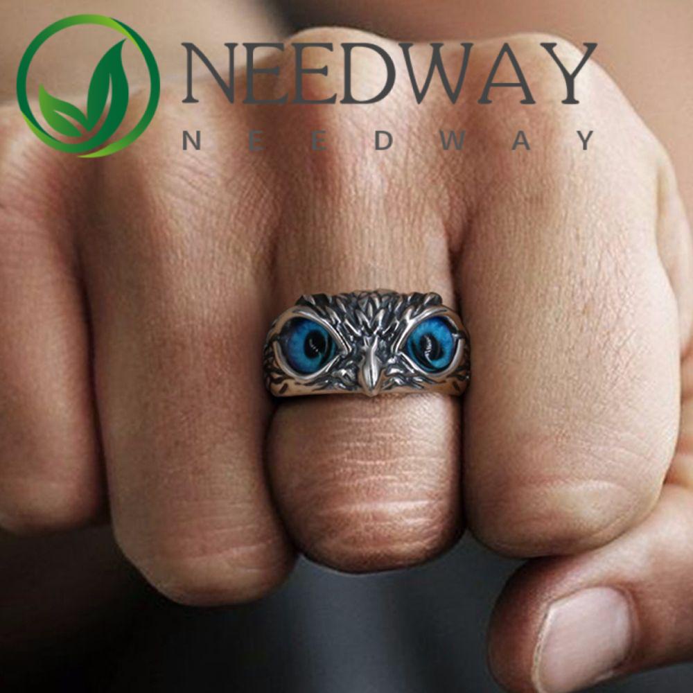 Needway  Simple Owl Ring Punk Korean Style Ring Opening Ring Blue Eyes Animal Cool Retro Girl Width Female Rings/Multicolor