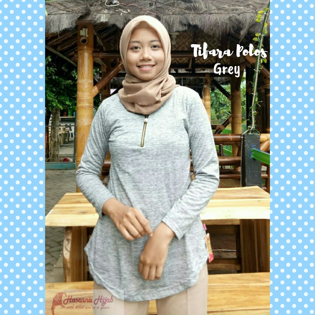 Atasan Wanita Kaos TIFARA Polos Strip Abu Bahan Spandex Resleting Depan Mutiara Busui Hasenna Hijab