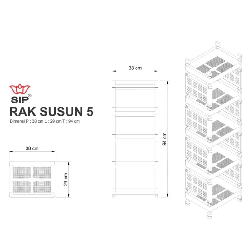 Rak Susun 5 Rak Plastik Susun Rak Serbaguna 5 susun, Dimensi Keseluruhan 38x30x94cm