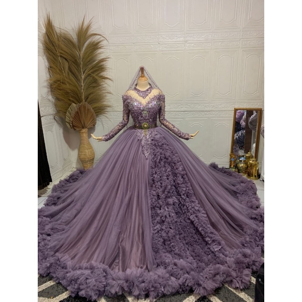 Gaun pengantin warna ungu taro wedding dress dress gaun pengantin muslim murah