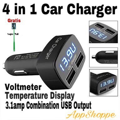 4 in 1 USB Car Charger, Ampere Meter, Voltmeter dan Suhu / Temperatur