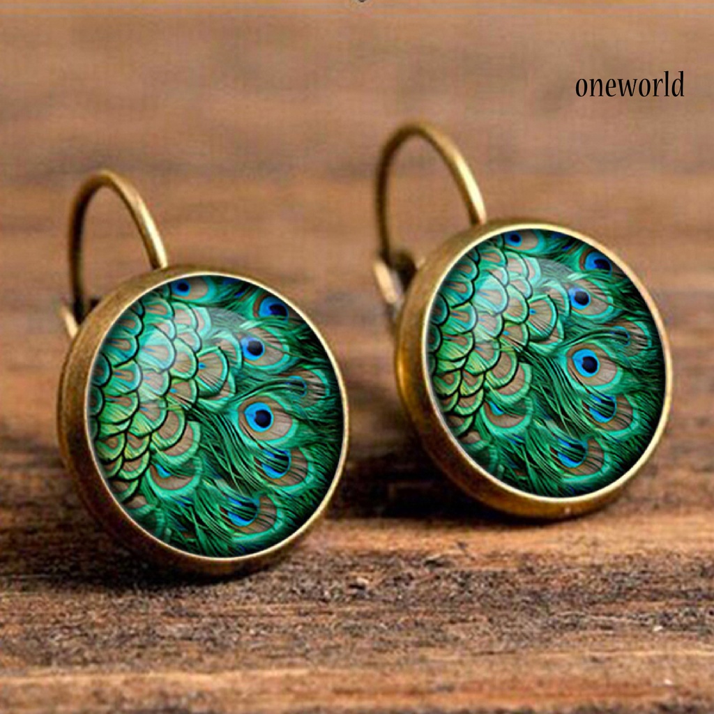 OW# 1 Pair Earrings Glass Cabochon Dangle Peacock Pattern 2 Colors Vintage Leaverback Earrings for Gift