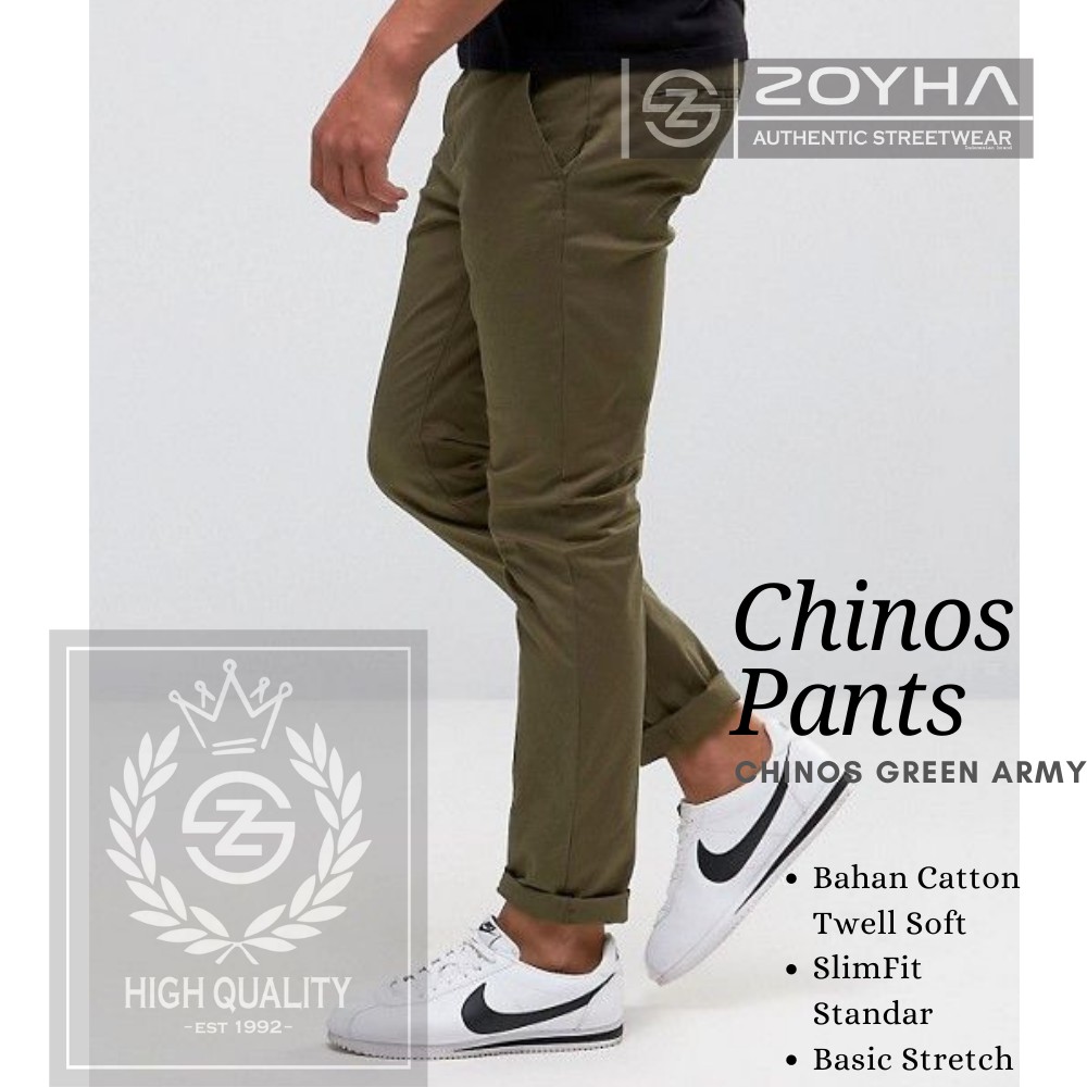 Celana Chino Panjang Pria Standar Reguler Hijau Army Pria Zoyha Store Chinos Standar Cowok Permium