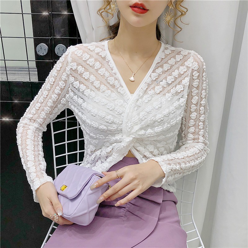 Blus Wanita Model Hollow Lengan Panjang Dengan Kerah V Neck Dan Bahan Lace Bergaya Sexy 2020 Shopee Indonesia