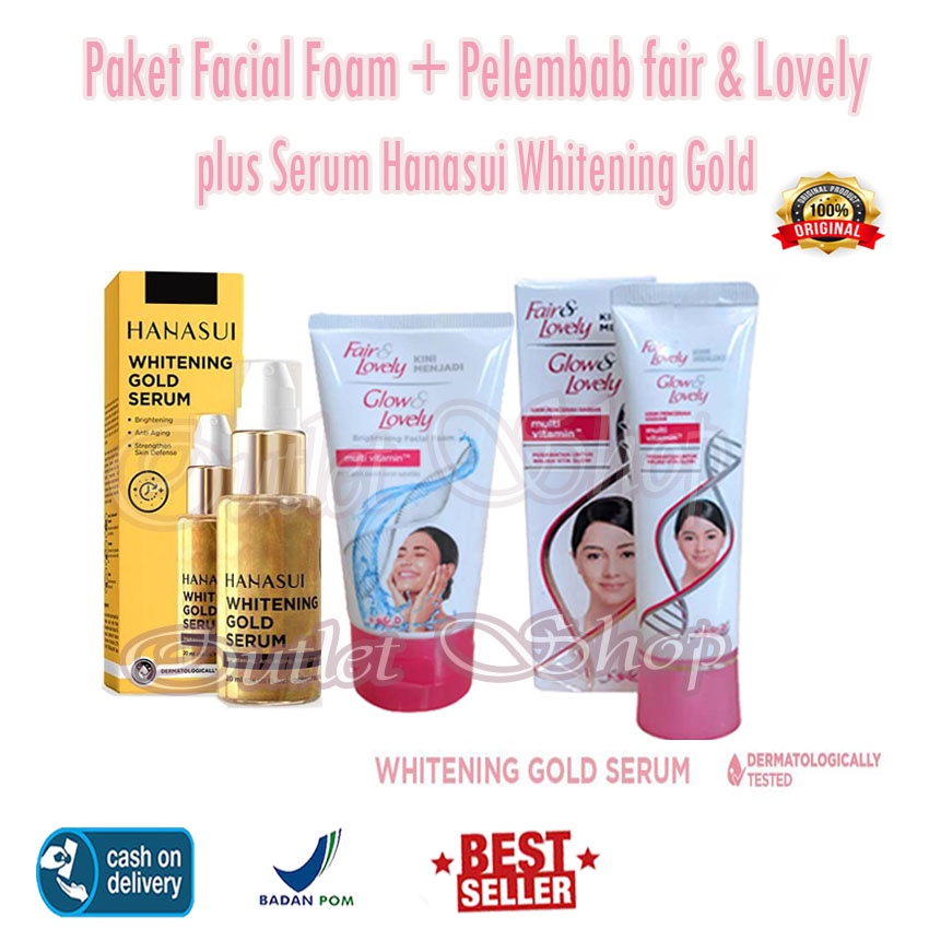 Paket 3in1 Fair &amp; Lovely Plus Serum Hanasui Gold BPOM ( Facial Foam- Pelembab- Serum Hanasui Gold)