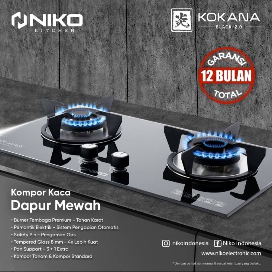 NIKO kompor Gas Kaca Tanam 2 Tungku Kokana Black 2.0 - Garansi Resmi 1 Tahun