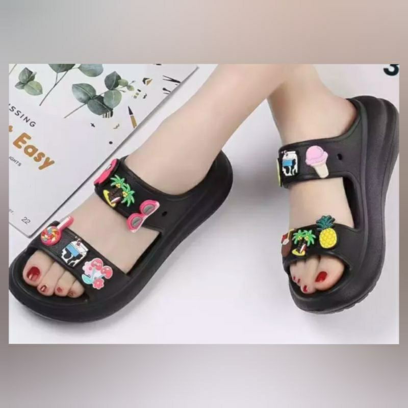 SANDAL FASHION BAE SLIDE TWO STRAP WEDGES FREE JIBBITZ