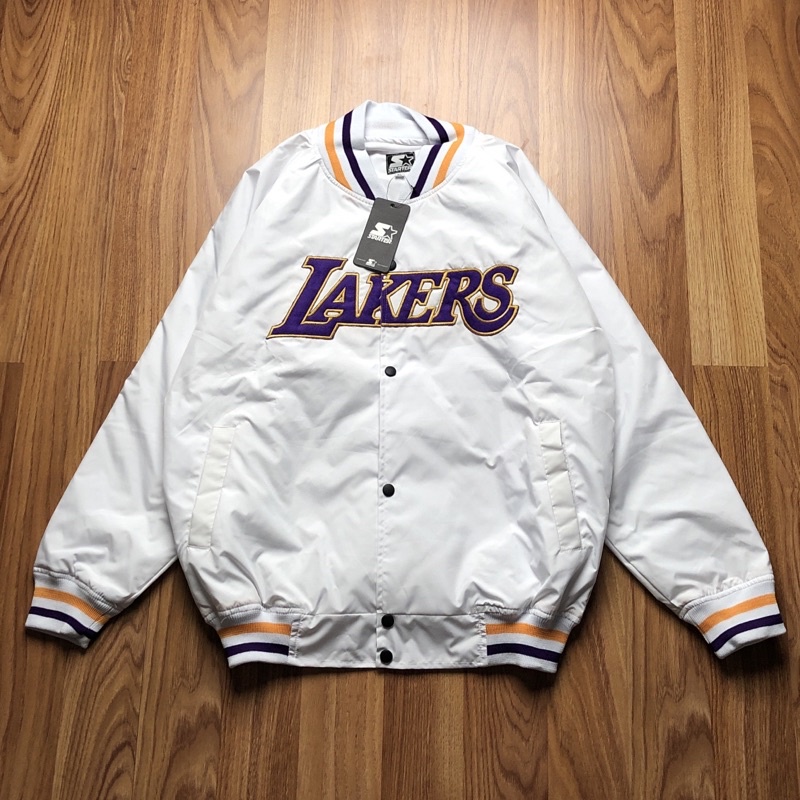 VARSITY JACKET - LAKERS TEXT UNGU BACK BALL BORDIR JAKET VARSITY BOMBER COACH PRIA TERLARIS