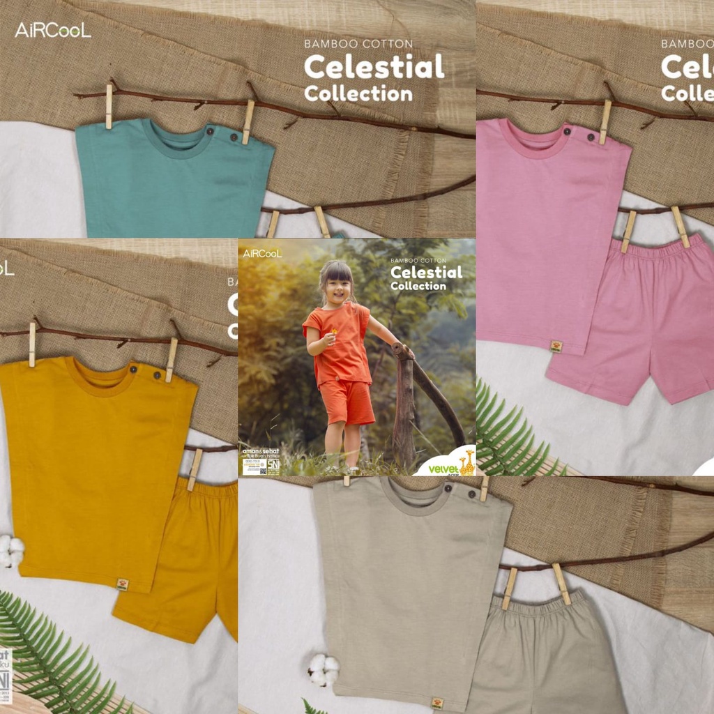 Velvet Junior Bamboo Cotton Setelan Kutung Sayap Celana Pendek Warna Polos Random - CC-001C3