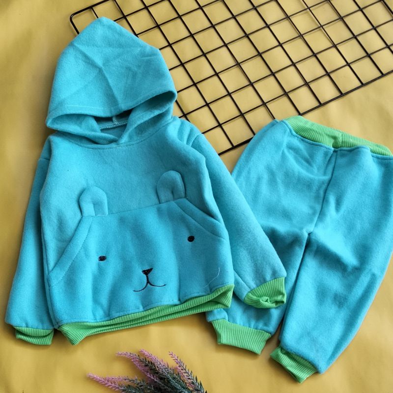 setelan sweater hoodie saku tebal lucu 6-18 bulan