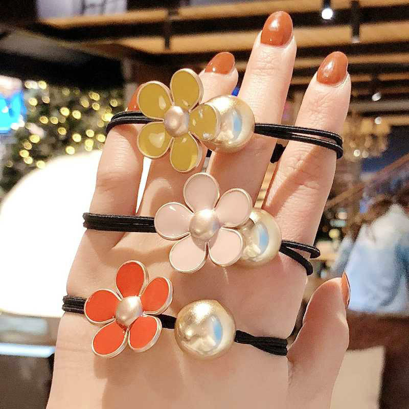 Fashion Golden Bead Flower Hair Rope Ins Ladies Candy Color Hair Ring Hair Tie