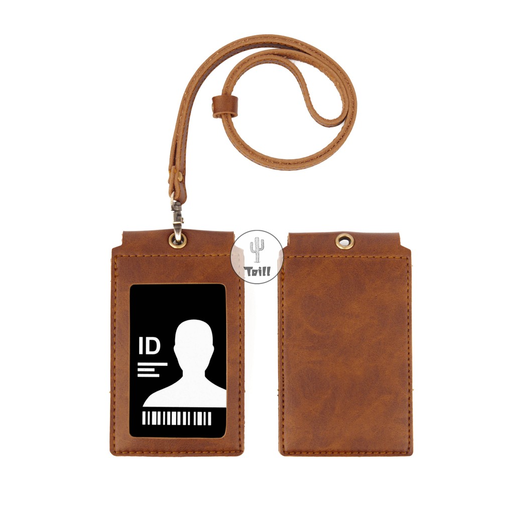 Id Card Front Coklat Nametag Pria Wanita Souvenir Kantor Card Holder Name Tag Holder Pu Leather