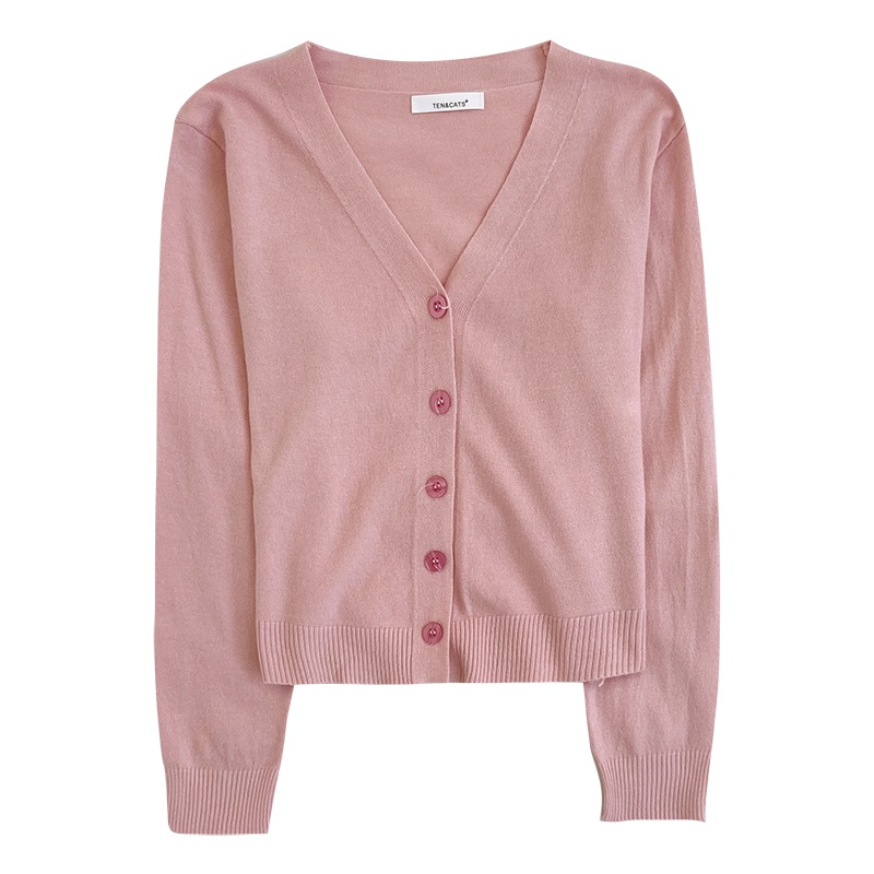 Super pink dan girly retro V-neck kancing tipis bagian tipis dan bagian tipis kardigan rajutan yang cocok untuk semua