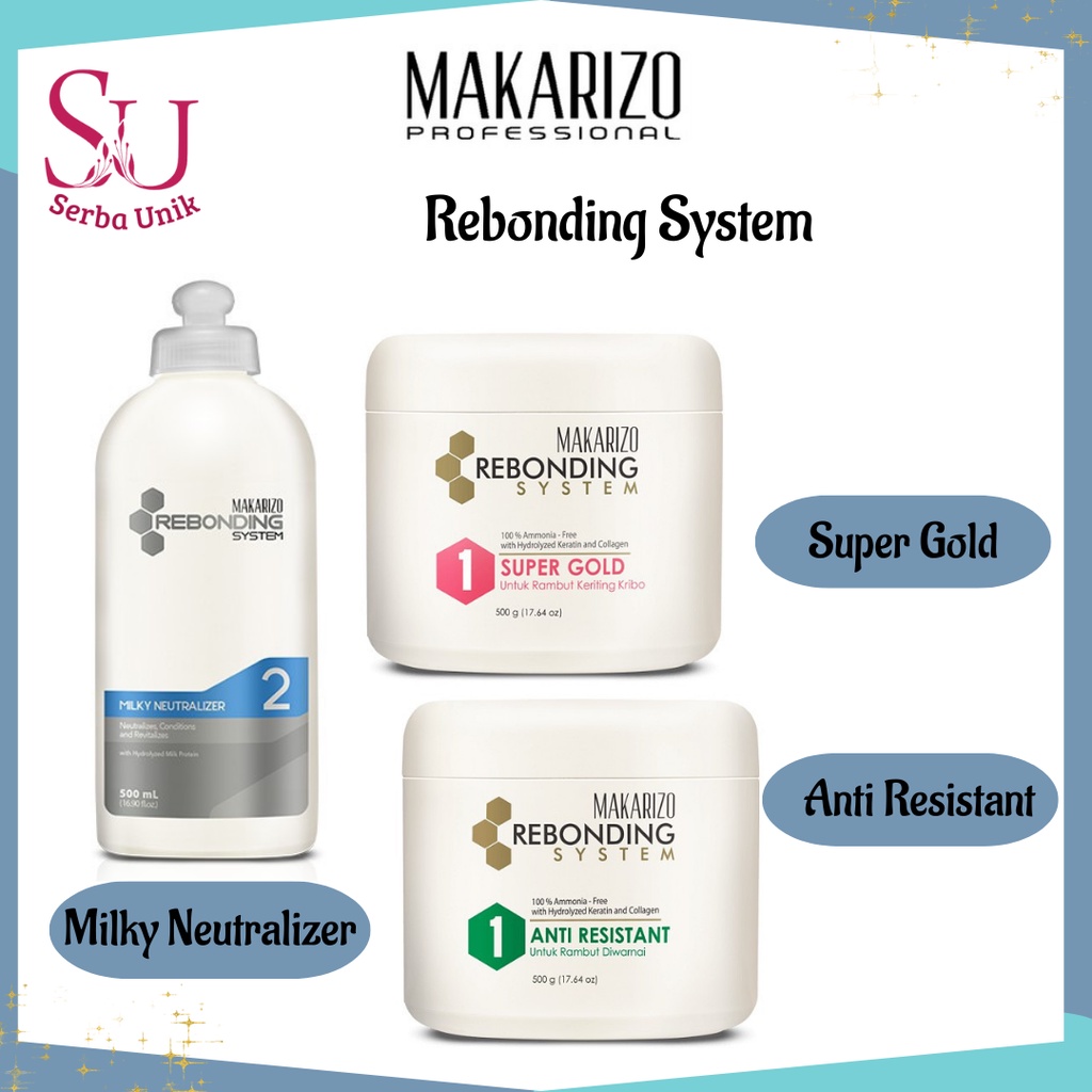 Makarizo Professional Rebonding System Step 1 / Step 2 / Neutralizer
Milky Bottle 500ml / Straightening Cream Super Gold Pot 500g /
Straightening Anti Resistant Pot 500g