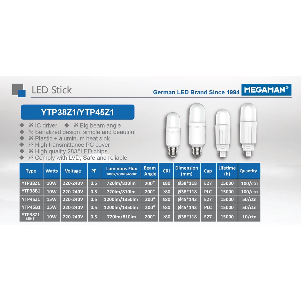 Lampu LED Stick Megaman 9 12 15 Watt Putih GARANSI - Lampu Bohlam LED Garansi 9w 12w 15w Megaman