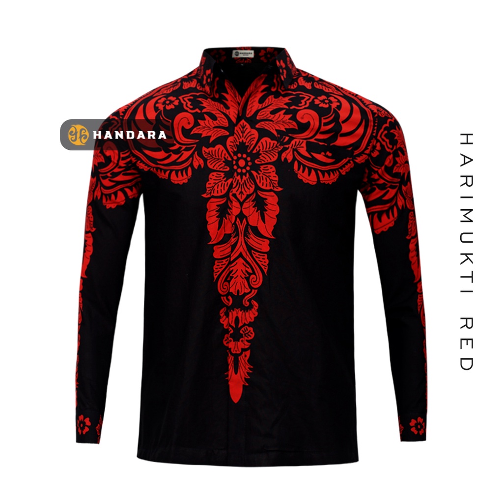 Baju Kemeja Batik Pria Lengan Panjang Slim Fit Premium Modern Full Furing Katun Halus Original Handara Motif Harimukti Hitam Merah HB-145