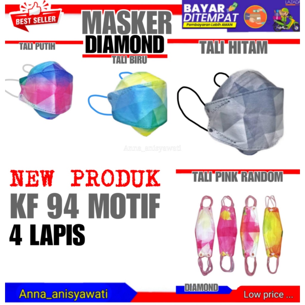 Masker KF94 Premium Motif Diamond Isi10 Pcs Masker Korea Warna Warni Masker 4 Lapis Masker 4 Ply Dis
