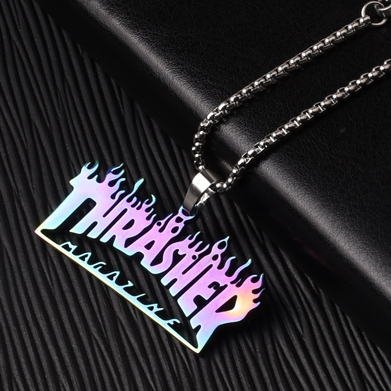 Thrasher Kalung Rantai Titanium Steel Liontin Tulisan Quenching Gaya Hip Hop Punk Untuk Pria