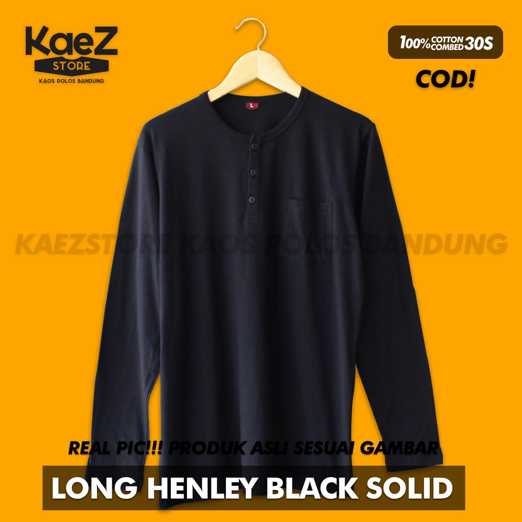 Jual Baju Kaos Polos Tangan Panjang Saku Kancing / Henley Black Solid