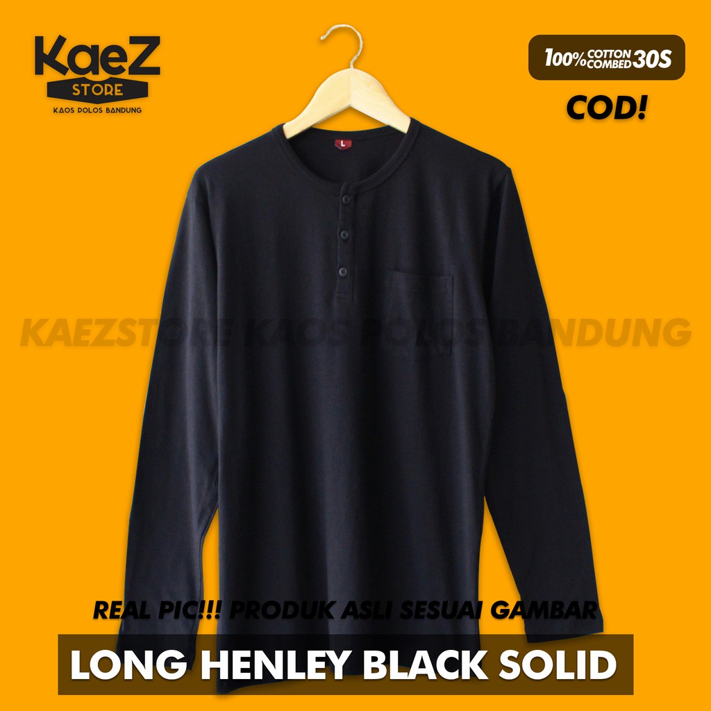 Jual Baju Kaos Polos Tangan Panjang Saku Kancing / Henley Black Solid