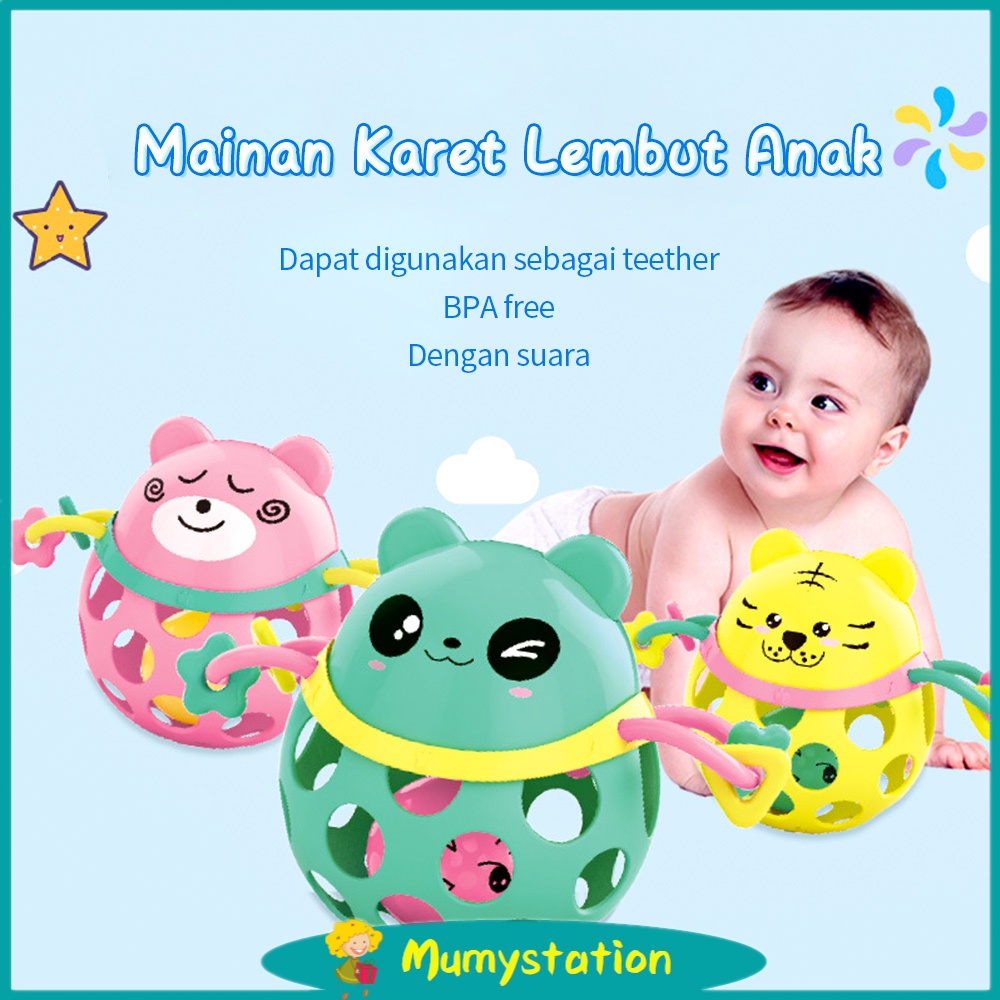 Mumystation mainan rattle bayi /mainan bola karet lembut kartun