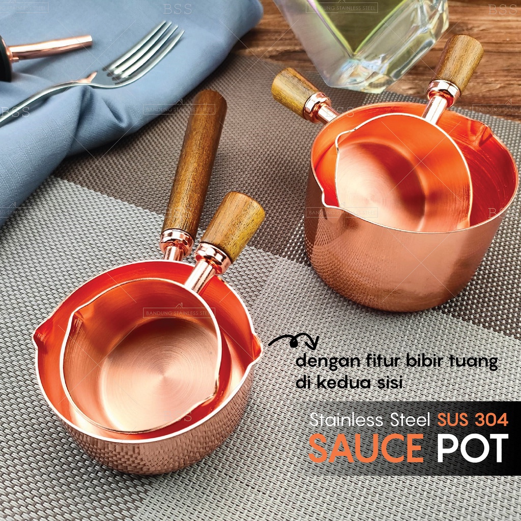 SUS304 Sendok Gelas Takar Double Mouth Stainless Gagang kayu Measuring Cup Mewah Rosegold 60ml 80ml 100ml Tempat Wadah Saus Tomat Sambal Steak Pot Bumbu BBQ Barbeque