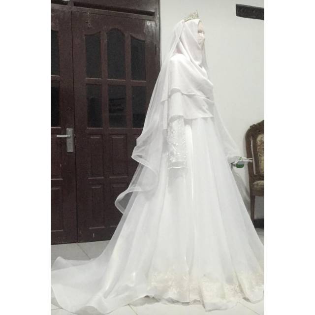 Gaun pengantin muslimah syar'i modern putih wedding dress muslimah syari walimah