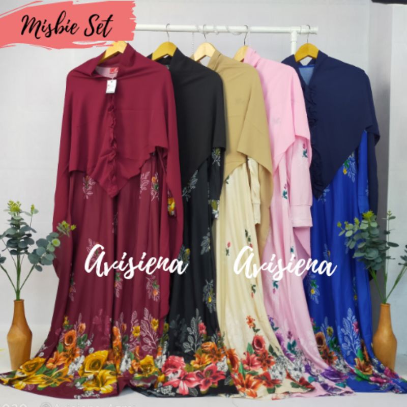 Premium Misbi Misbie Set Gamis dan Hijab Syari Syar'i Motif Bunga Dress Muslim Murah Terbaru