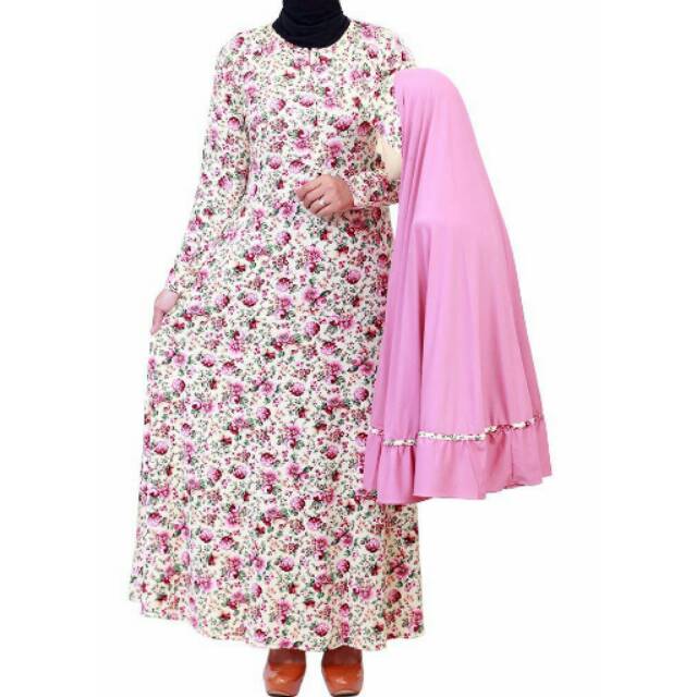 Long Dress Gamis Umbrella Salem / Dusty Pink Flowery Motif Bunga (free kerudung Bergo)