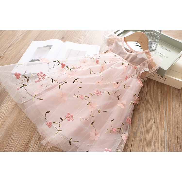 Dress import Anak Perempuan Gaun Bunga Pink Renda Bordir Dress Pesta