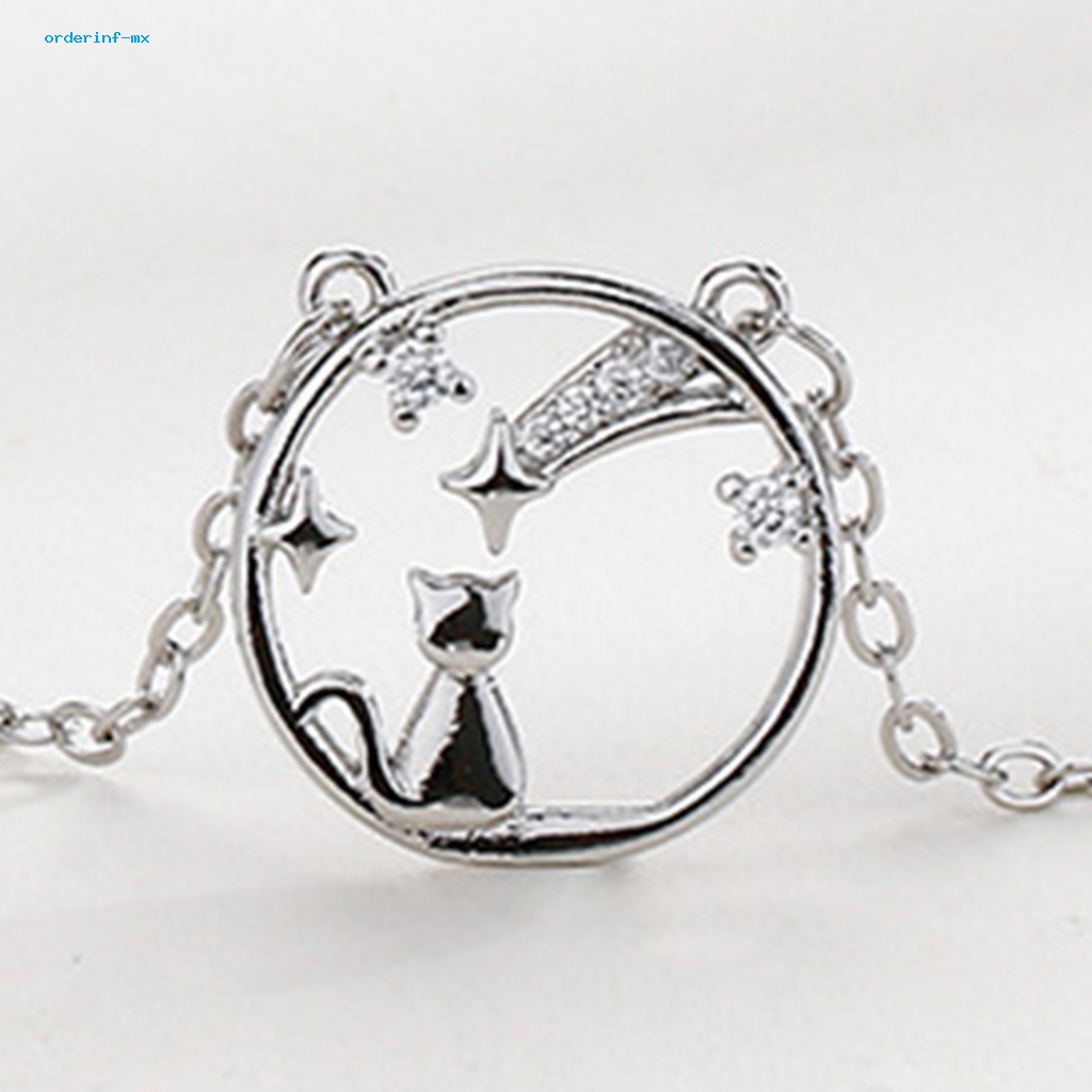 Kalung Rantai Klavikula Hias Liontin Bintang Kucing Aksen Berlian Imitasi Untuk Wanita