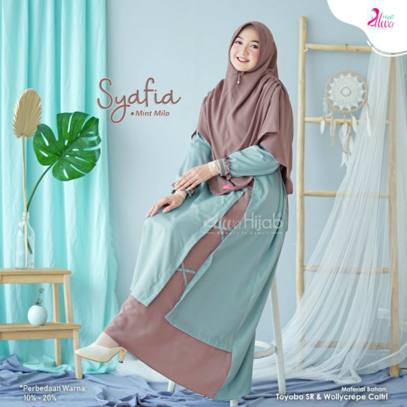 (READY)GAMIS SYAFIA SET BY ALWA HIJAB/GAMIS BRANDED PREMIUM/GAMIS PINK MINT/SYAR'I MURAH/SETELAN HIJ