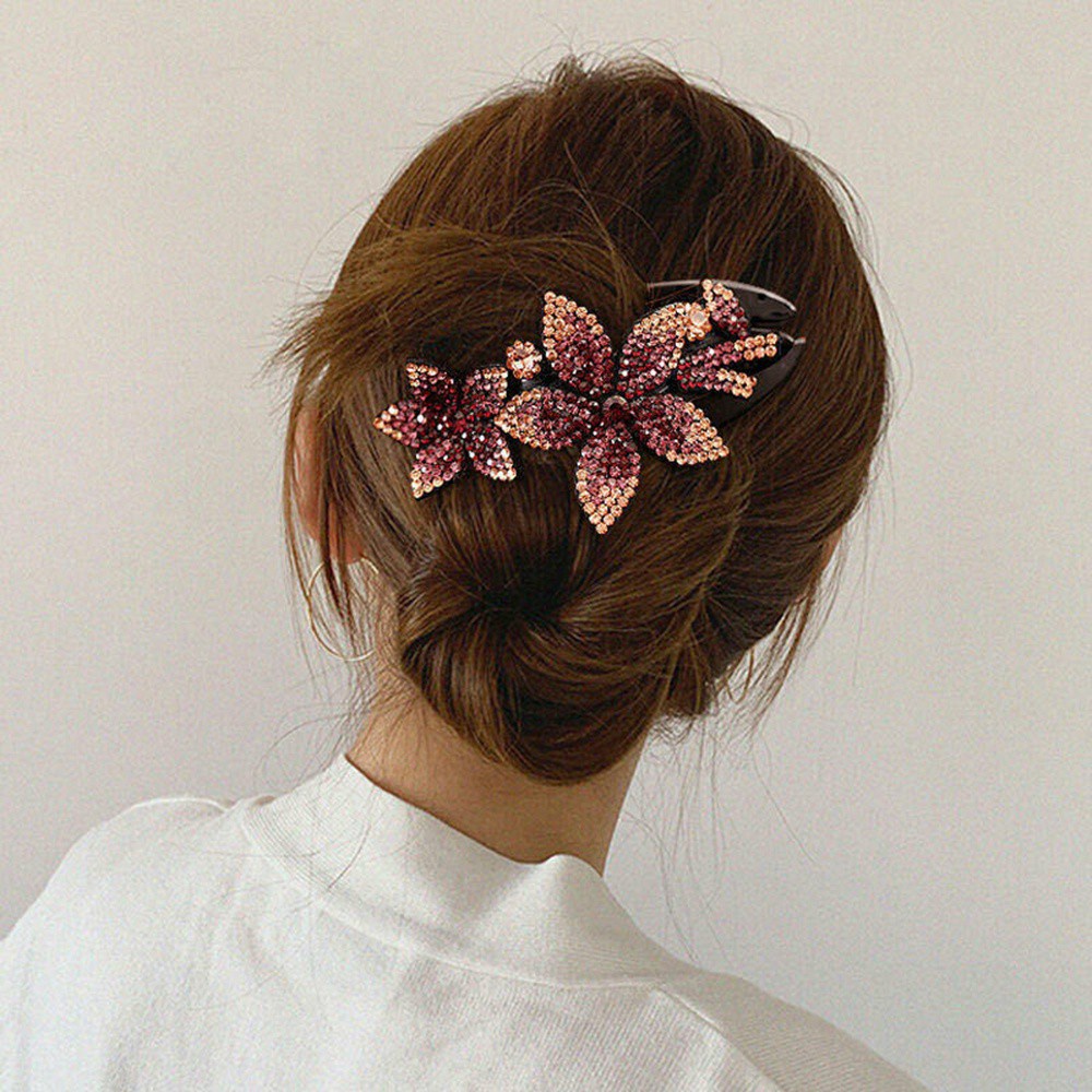 Korean Hair Clip Rhinestone Accent Double Flower Hairpin For Women