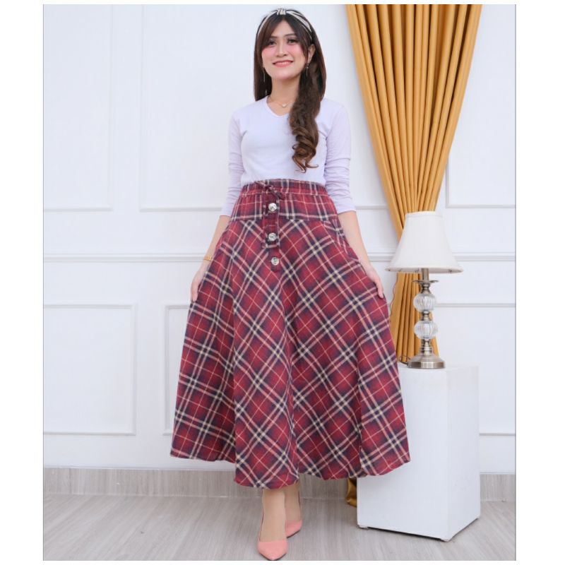 ROK PAYUNG KOTAK/MAXI SKIRT/ROK PAYUNG PANJANG/KLOK LEBAR-Maroon Flnl