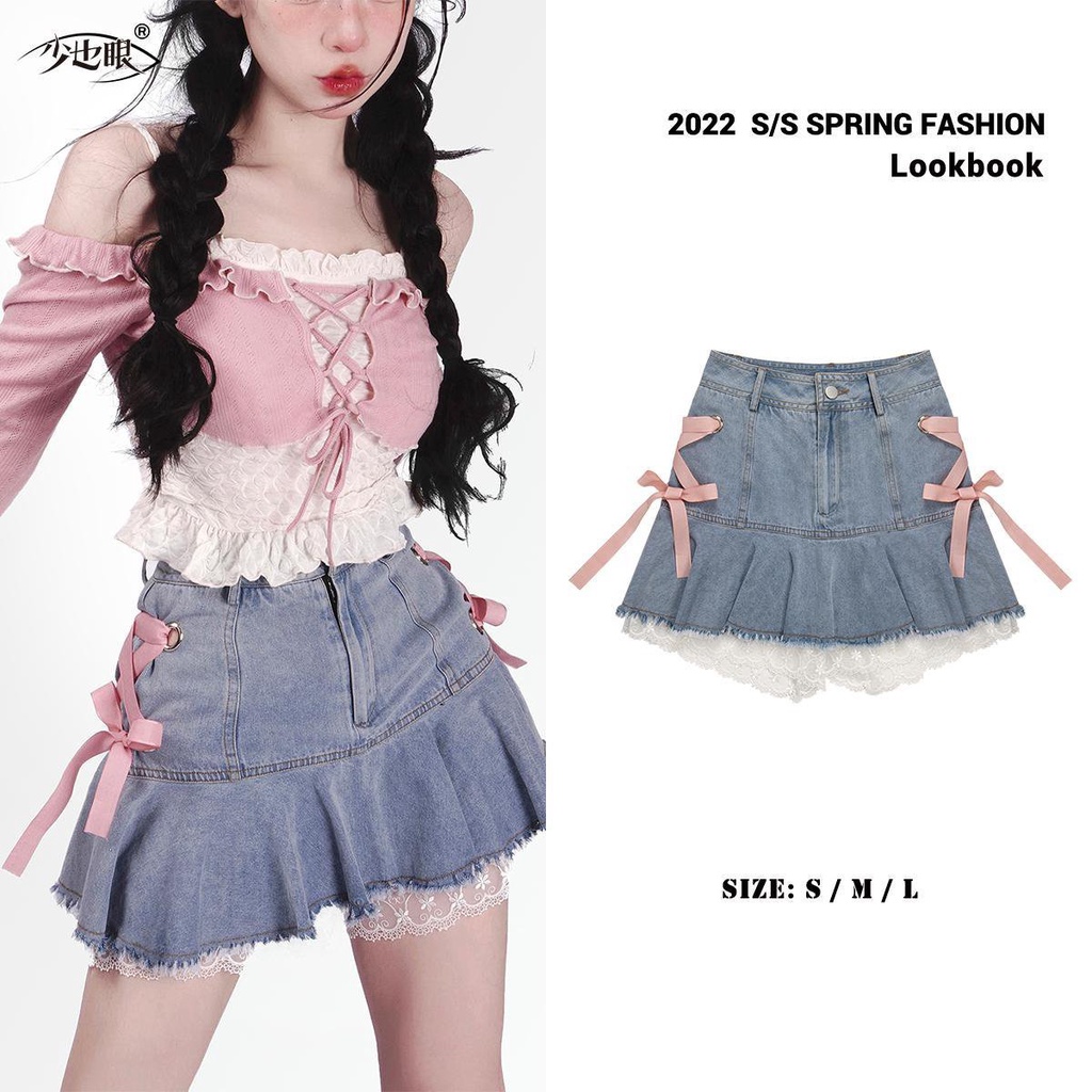 #Sisjuly# Rok denim bertali merah muda wanita rok kasa putih mempesona rok pendek pinggang tinggi ba