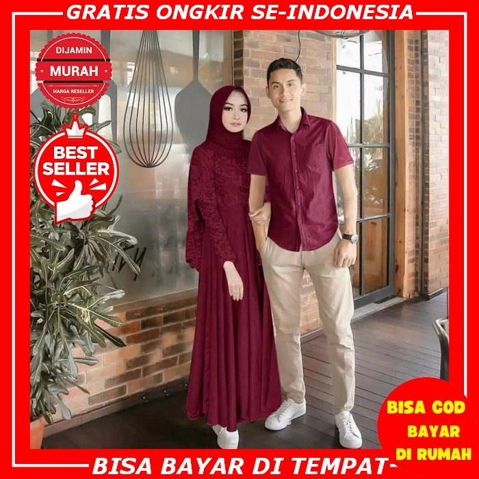 Baju Lebaran Couple Muslim Set Gamis Brukat Moscrepe Batik  Koko Pasangan Suami Istri Pesta Idul Fit