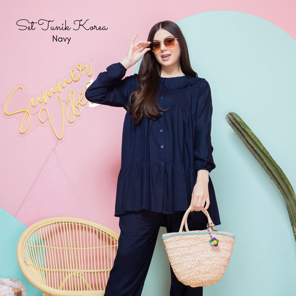 SET TUNIK KOREA POLOS MOTIF KANCING