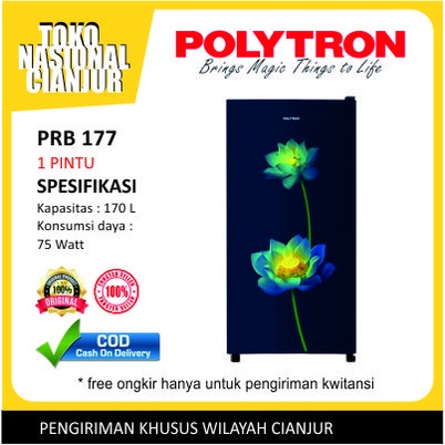 [Cianjur] Kulkas Polytron 1 Pintu Beauty Steel 170 liter PRB 177