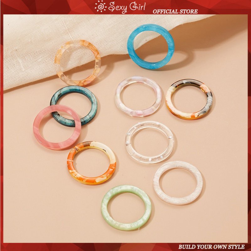 10pcs / Pak Cincin Resin Bentuk Geometri Warna Acak Untuk Wanita