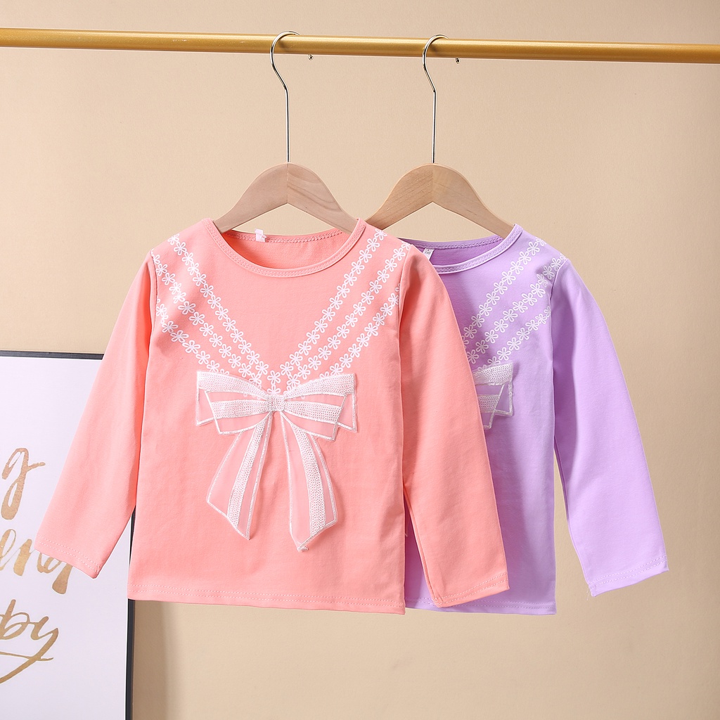 Kaos Panjang Anak Perempuan Motif Pita Renda Bahan Katun Casual Style Import Baju Atasan Balita-1