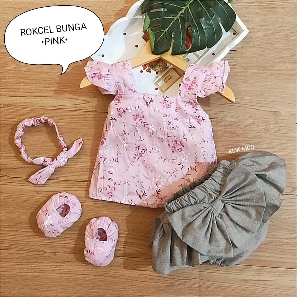 Setelan Baju Anak Bayi Perempuan Atasan Dan Rok Celana Motif Love Polka Free Sepatu Dan Headband Allsize