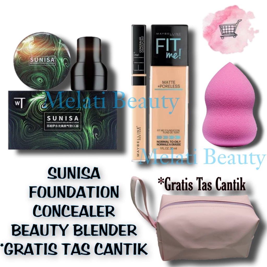 Paket Kosmetik Sunisa - Fit mE 2 In 1 Foundation &amp; Concealer - Beauty Blender - Gratis Tas Kosmetik